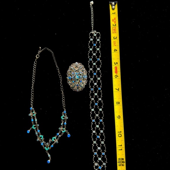 Women’s Necklace, Bracelet & Brooch - Faux Sapphires-Emeralds - Silver & Pewter - Picture 5 of 5